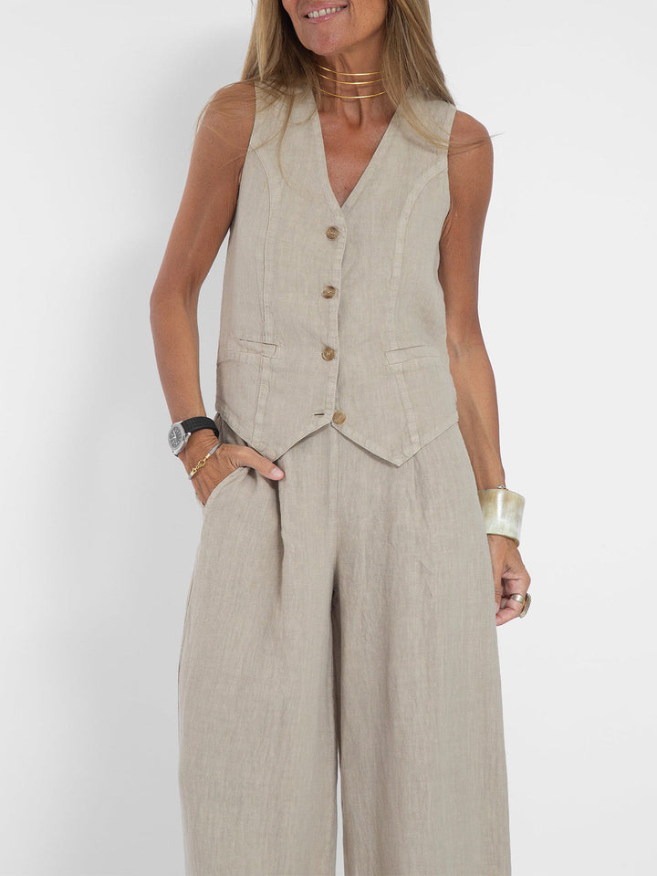 Suzanne | Sleeveless V-Neck Vest & Wide-Leg Pants Set