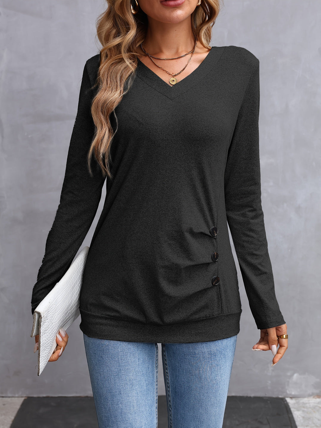 Nadine | V-Neck Button-Trim Long-Sleeve Top
