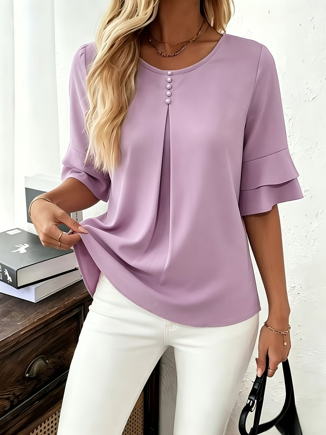 Eloise | Flowing Pearl-Button Blouse