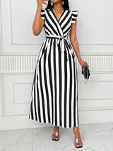 Natasha | Striped Dress with Lotus Leaf Sleeves Dress