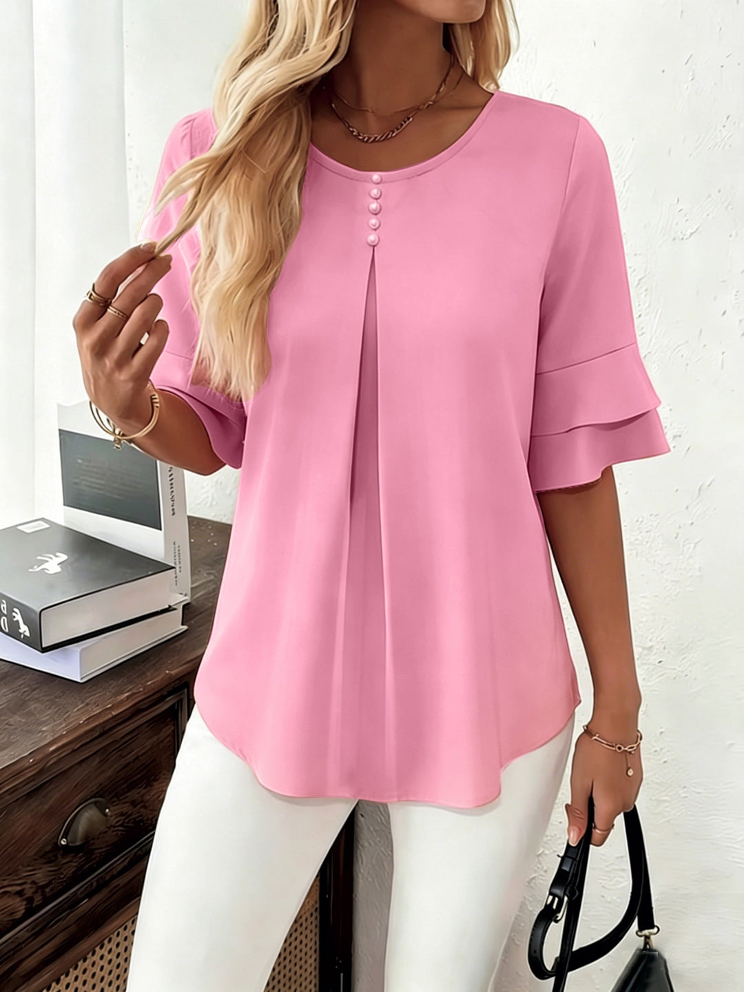 Eloise | Flowing Pearl-Button Blouse