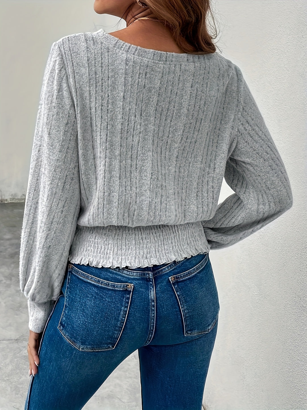 Melanie | Ribbed Smocked-Hem Long Sleeve Top