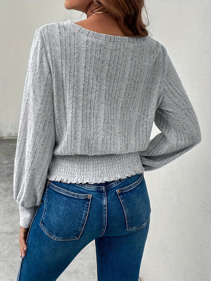 Melanie | Ribbed Smocked-Hem Long Sleeve Top