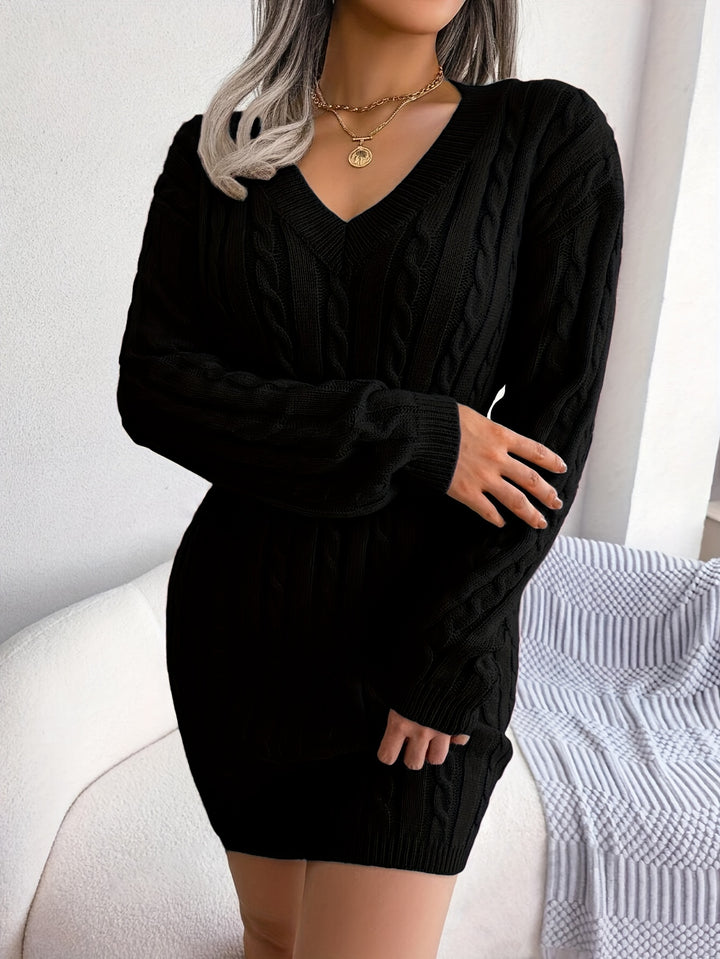 Rosalyn | Cable-Knit V-Neck Sweater Dress