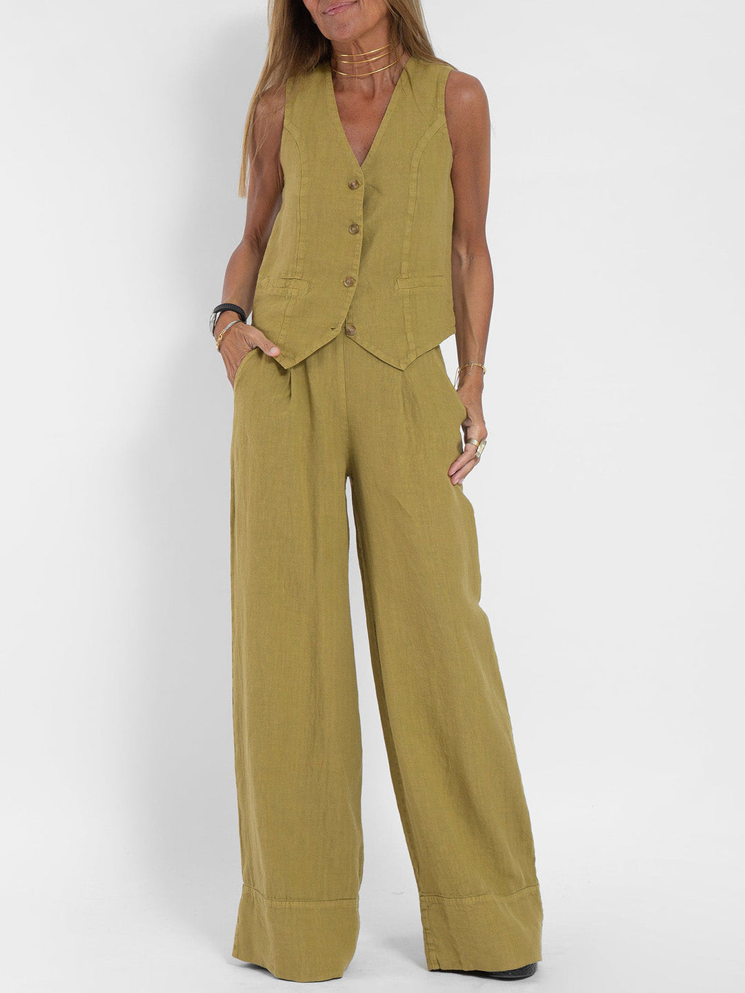 Suzanne | Sleeveless V-Neck Vest & Wide-Leg Pants Set