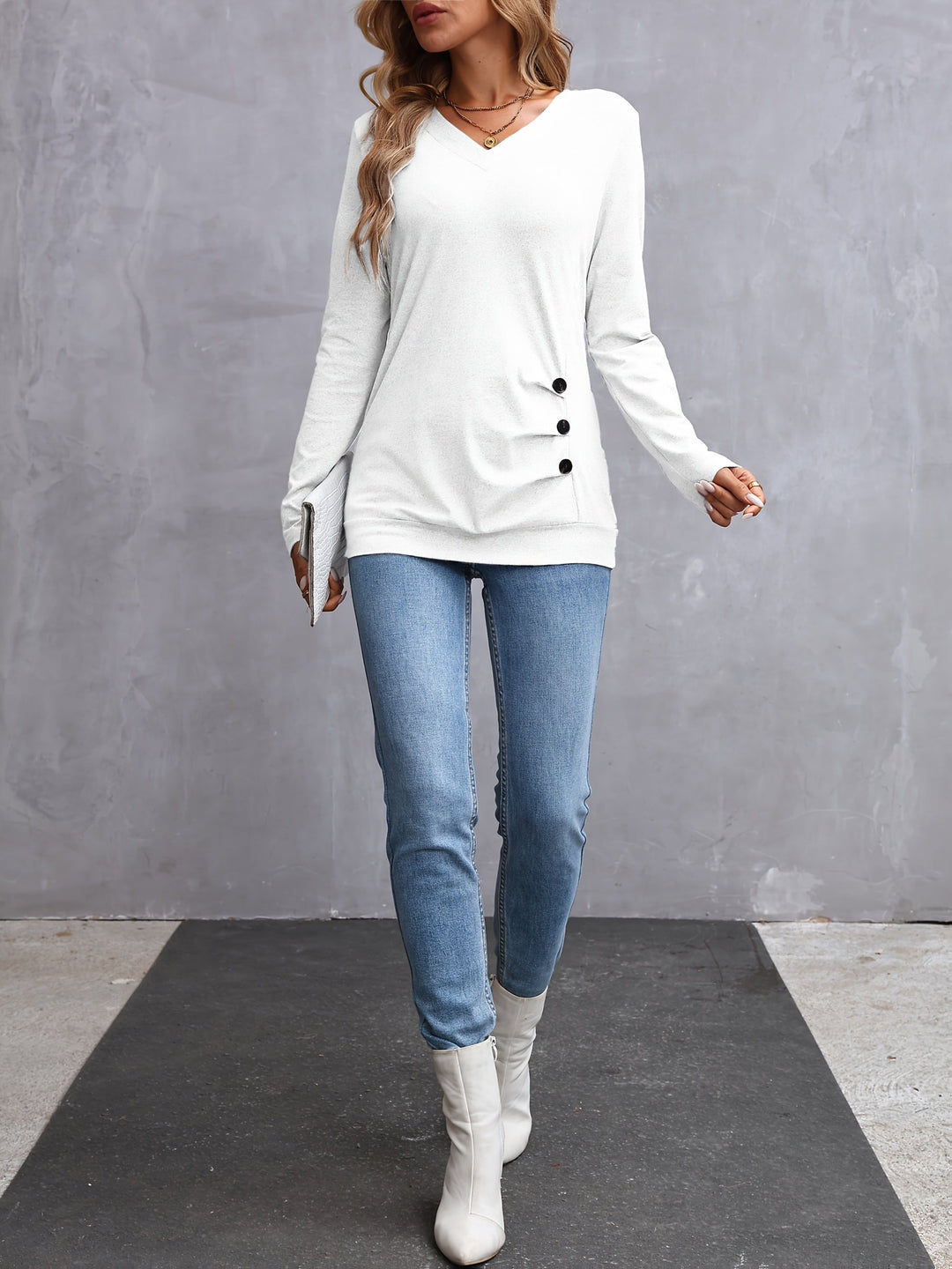 Nadine | V-Neck Button-Trim Long-Sleeve Top