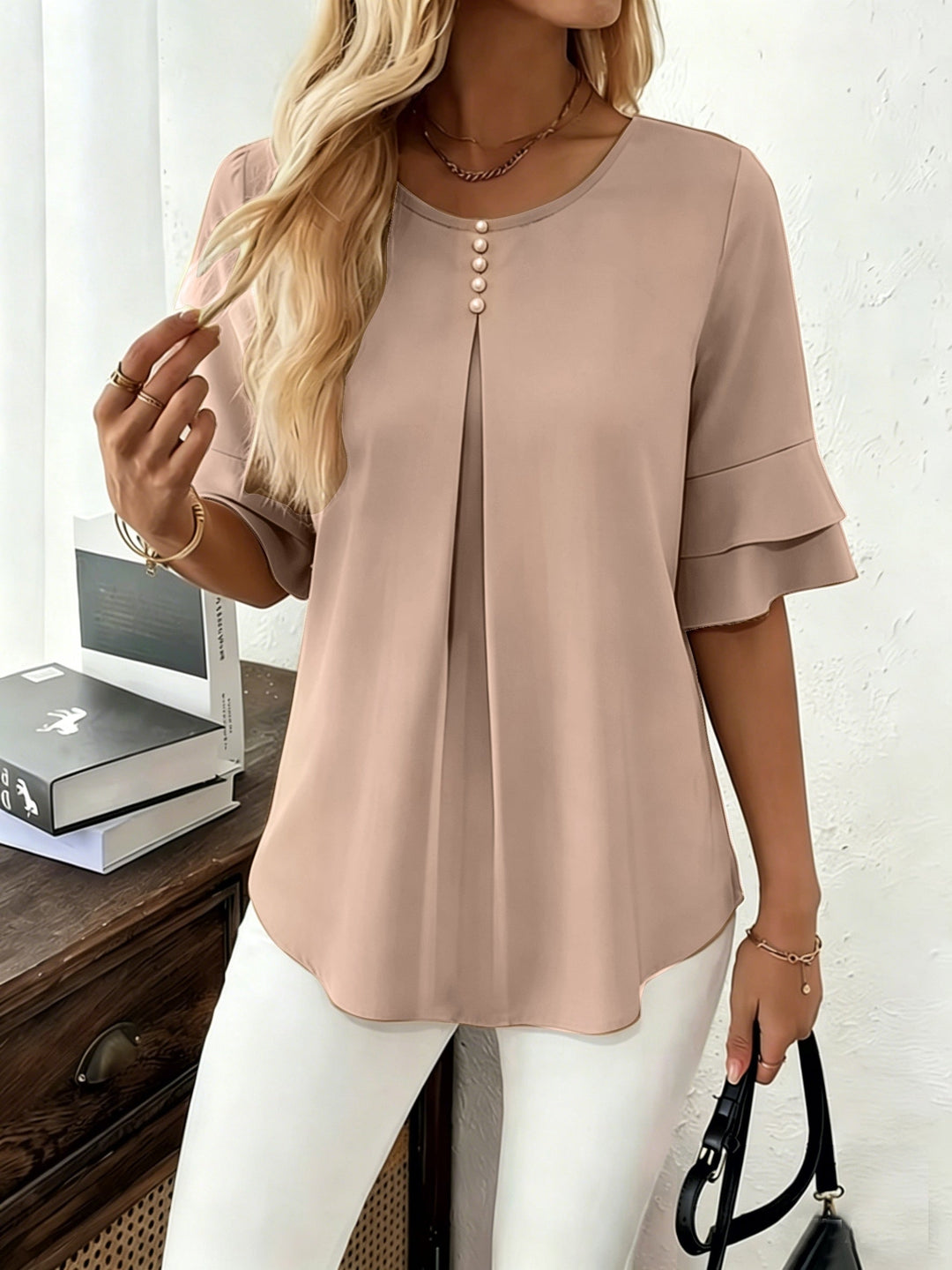 Eloise | Flowing Pearl-Button Blouse