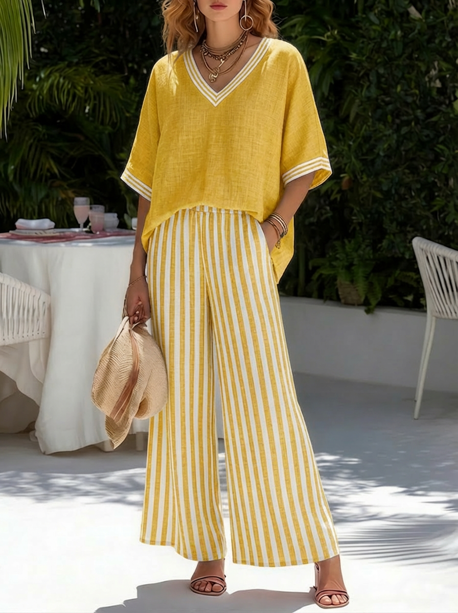 Cassidy | Stylish V-Neck and Stripe Pants Set