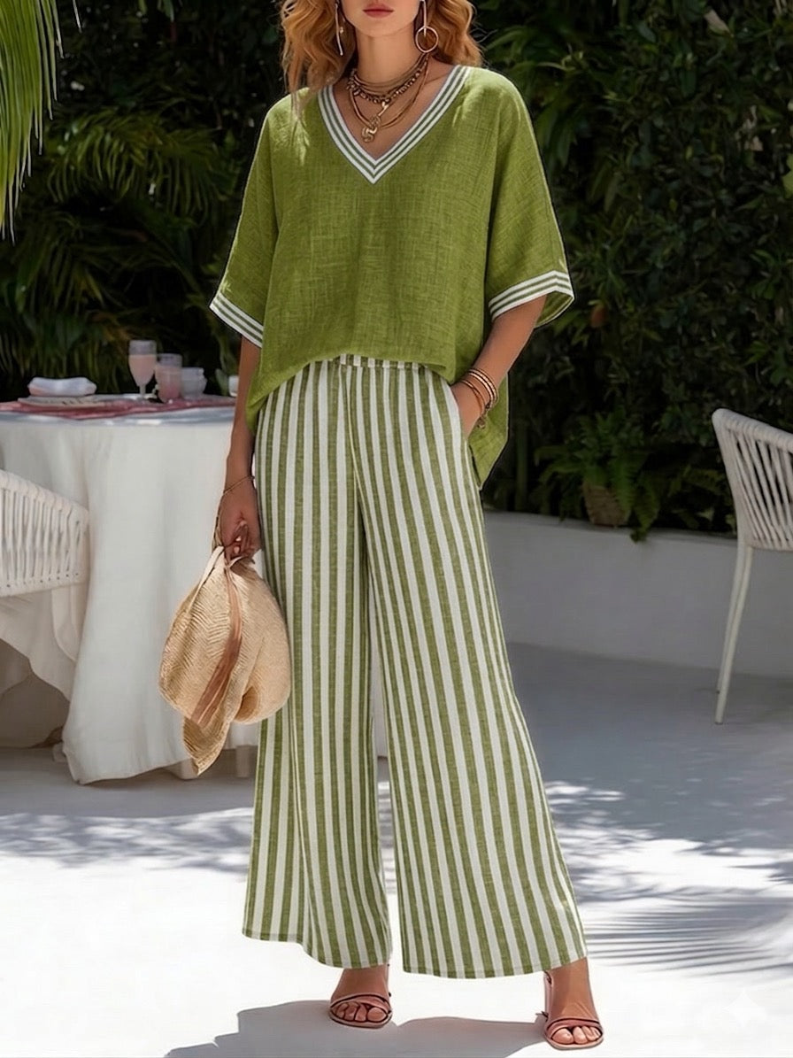 Cassidy | Stylish V-Neck and Stripe Pants Set