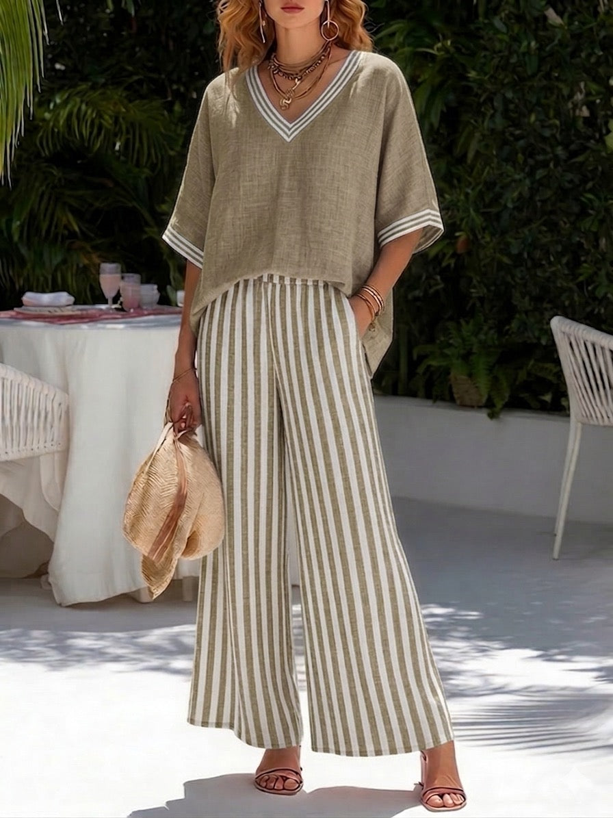 Cassidy | Stylish V-Neck and Stripe Pants Set