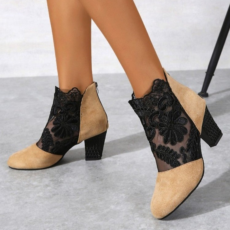 Beatrice | Floral Lace Block Heel Ankle Boots