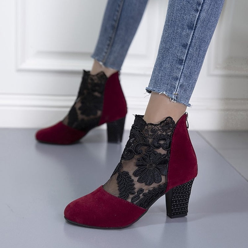 Beatrice | Floral Lace Block Heel Ankle Boots