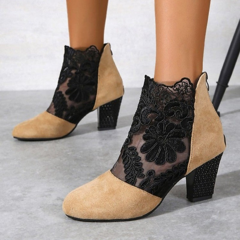 Beatrice | Floral Lace Block Heel Ankle Boots